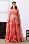 Abbaran_Pink Chanderi Printed Floral V Neck Lehenga Set _Online_at_Aza_Fashions