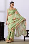 Abbaran_Green Chanderi Printed Floral Round Pre-draped Saree With Blouse _Online_at_Aza_Fashions