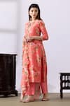 Buy_Abbaran_Pink Chanderi Printed Floral Round Straight Kurta Palazzo Set _Online_at_Aza_Fashions