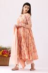 Shop_Abbaran_Peach Cotton Embroidery, Lace Round Neck Flower Block Print Anarkali Set_Online_at_Aza_Fashions
