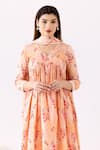 Shop_Abbaran_Peach Cotton Embroidery V-neck Flower Print Gathered Anarkali Set _Online_at_Aza_Fashions