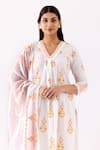 Abbaran_Ivory Cotton Cambric Printed And Embellished Floral V Neck Block A-line Kurta Set _at_Aza_Fashions