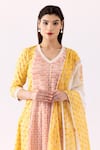 Abbaran_Yellow Cotton, Muslin Embroidery, Lace V-neck Floral Print Panelled Anarkali Set_at_Aza_Fashions
