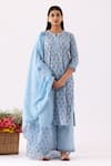 Abbaran_Blue Cotton Cambric Printed Floral Notched Kurta Palazzo Set _Online_at_Aza_Fashions