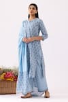 Buy_Abbaran_Blue Cotton Cambric Printed Floral Notched Kurta Palazzo Set _Online_at_Aza_Fashions