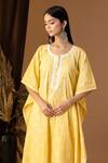 Shop_Abbaran_Yellow Cotton Flora Print Kaftan And Palazzo Set_Online_at_Aza_Fashions