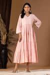 Abbaran_Pink Cotton Lace V-neck Floral Print Tiered Dress _Online_at_Aza_Fashions