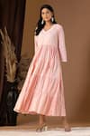Buy_Abbaran_Pink Cotton Lace V-neck Floral Print Tiered Dress _Online_at_Aza_Fashions