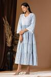 Abbaran_Blue Cotton Embroidery, Cut Work V-neck Floral Pattern Tiered V Dress _Online_at_Aza_Fashions