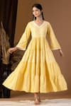 Abbaran Yellow Cotton Lace V-neck Flora Pattern Tiered V Dress Online at Aza Fashions Abbaran_Yellow Cotton Lace V-neck Flora Pattern Tiered V Dress _Online_at_Aza_Fashions