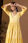 Abbaran Yellow Cotton Lace V-neck Flora Pattern Tiered V Dress at Aza Fashions Abbaran_Yellow Cotton Lace V-neck Flora Pattern Tiered V Dress _at_Aza_Fashions