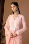 Shop Abbaran Pink , Satin Sequins, Lace V-neck Floral Pattern Kurta Palazzo Set Online at Aza Fashions Shop_Abbaran_Pink , Satin Sequins, Lace V-neck Floral Pattern Kurta Palazzo Set _Online_at_Aza_Fashions