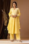 Abbaran_Yellow Cotton Printed Bloom V Neck Kurta Palazzo Set _Online_at_Aza_Fashions