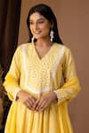 Abbaran_Yellow Cotton Printed Bloom V Neck Kurta Palazzo Set _at_Aza_Fashions