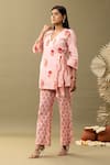 Abbaran_Pink Cotton Embroidery V-neck Bloom Print Angrakha And Flared Pant Set _Online_at_Aza_Fashions