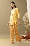 Buy_Abbaran_Yellow Cotton Embroidery V-neck Bloom Print Angrakha And Pant Set _Online_at_Aza_Fashions