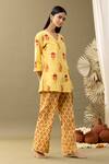 Shop_Abbaran_Yellow Cotton Embroidery V-neck Bloom Print Angrakha And Pant Set _Online_at_Aza_Fashions