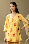 Abbaran_Yellow Cotton Embroidery V-neck Bloom Print Angrakha And Pant Set _at_Aza_Fashions