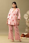 Shop_Abbaran_Pink Cotton Embroidery V-neck Bloom Print Angrakha And Flared Pant Set _Online_at_Aza_Fashions