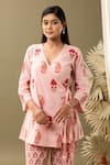 Abbaran_Pink Cotton Embroidery V-neck Bloom Print Angrakha And Flared Pant Set _at_Aza_Fashions