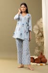 Abbaran Blue Cotton V-neck Floral Print Angrakha And Pant Set Online at Aza Fashions Abbaran_Blue Cotton V-neck Floral Print Angrakha And Pant Set _Online_at_Aza_Fashions