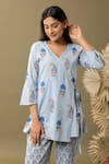 Abbaran Blue Cotton V-neck Floral Print Angrakha And Pant Set at Aza Fashions Abbaran_Blue Cotton V-neck Floral Print Angrakha And Pant Set _at_Aza_Fashions