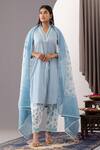 Abbaran_Blue Kurta And Salwar - Cotton Cambric Printed Polka Dots V Neck Block Set _Online_at_Aza_Fashions
