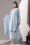 Shop_Abbaran_Blue Kurta And Salwar - Cotton Cambric Printed Polka Dots V Neck Block Set _Online_at_Aza_Fashions