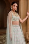 Dheeru Taneja_Green Georgette Embroidery Bead Scoop Ziva Mirror Bridal Lehenga Set  _Online_at_Aza_Fashions