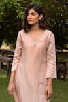 Shop_Zoon_Pink Kurta 100% Silk Chanderi Embroidered Aari V Neck Placed Sequin Pant Set _Online_at_Aza_Fashions