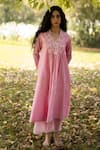 Zoon_Pink Kurta 100% Silk Chanderi Embroidery Aari Mandarin V Neck Yoke Set _Online_at_Aza_Fashions