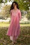 Buy_Zoon_Pink Kurta 100% Silk Chanderi Embroidery Aari Mandarin V Neck Yoke Set _Online_at_Aza_Fashions