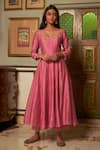 Zoon_Pink Anarkali Chanderi Embroidered Aari Round Set With Banarasi Dupatta _Online_at_Aza_Fashions