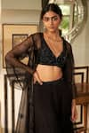 Zoon_Black Blouse Crepe Embroidered Aari Jacket Open Sequin Flared Pant Set _Online_at_Aza_Fashions