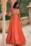 Buy_Zoon_Orange Lehenga And Dupatta 100% Satin Organza Embroidery Floral Placement Set _Online_at_Aza_Fashions