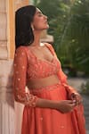 Shop_Zoon_Orange Lehenga And Dupatta 100% Satin Organza Embroidery Floral Placement Set _Online_at_Aza_Fashions