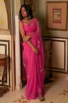 Zoon_Pink Saree 100% Silk Organza Embroidery Floral Notched Placement With Blouse _Online_at_Aza_Fashions