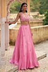 Zoon_Pink Lehenga Satin Organza Embroidery Crystal Scallop V Neck Placement Set _Online_at_Aza_Fashions