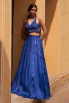 Zoon_Blue Lehenga And Dupatta 100% Silk Embroidery Sequin V Neck Panelled Set _Online_at_Aza_Fashions