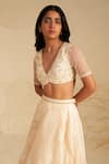 Shop_Zoon_Cream Blouse And Lehenga Metallic Organza Embroidery Aari V Neck Hand Set _Online_at_Aza_Fashions