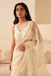 Zoon_Cream Blouse Georgette Embroidery Sequin Leaf Neck Flower Hand Saree With _Online_at_Aza_Fashions