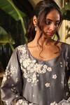 Sahil Kochhar_Grey Chanderi, Satin Lace Round Neck Zubaida Bloom Embroidered Kurta _Online_at_Aza_Fashions
