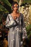 Shop_Sahil Kochhar_Grey Chanderi, Satin Lace Round Neck Zubaida Bloom Embroidered Kurta _Online_at_Aza_Fashions