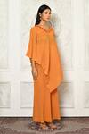 Aryavir Malhotra_Orange Pleated Georgette Solid Ruffled Neck Asymmetric Kurta And Flared Pant Set_Online_at_Aza_Fashions