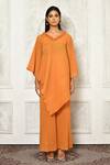 Buy_Aryavir Malhotra_Orange Pleated Georgette Solid Ruffled Neck Asymmetric Kurta And Flared Pant Set_Online_at_Aza_Fashions
