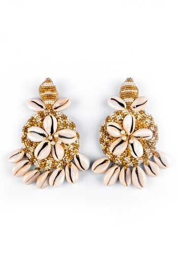 Shop_Kanyaadhan By Dhirajaayushi_Gold Plated Beads Shell Floral Embellished Earrings _at_Aza_Fashions