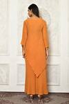 Shop_Aryavir Malhotra_Orange Pleated Georgette Solid Ruffled Neck Asymmetric Kurta And Flared Pant Set_at_Aza_Fashions