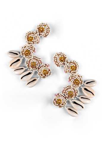 Shop_Kanyaadhan By Dhirajaayushi_White Beads Shell Drop Earrings _at_Aza_Fashions