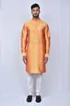 Buy_Adara Khan_Orange Art Silk Plain Band Collar Kurta Set_Online_at_Aza_Fashions