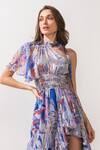 Shop_Mandira Wirk Resort_Blue Poly Chiffon Marbling Pattern Round Tie-up Print Asymmetric Dress _at_Aza_Fashions